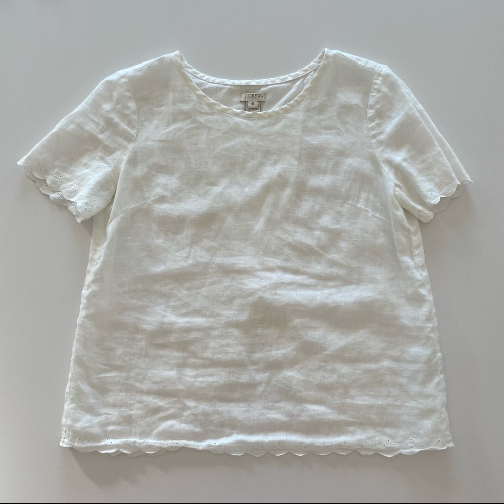 J. Crew White Short Sleeve Linen Shirt with Eyelet Trimming and Open Back